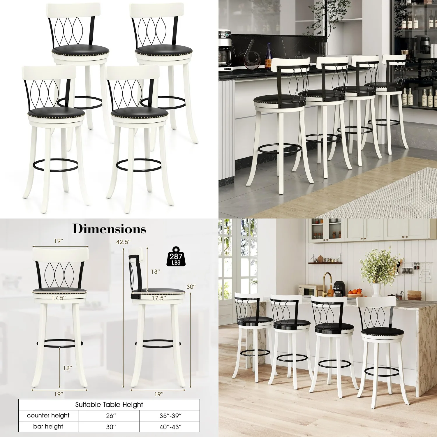 30'' Bar Stools Set of 4 Swivel Cushioned Backrest Footrest Rubber Wood Kitchen Island Customized
30'' Bar Stools Set of 4 Swivel Cushioned Backrest Footrest Rubber Wood Kitchen Island Customized