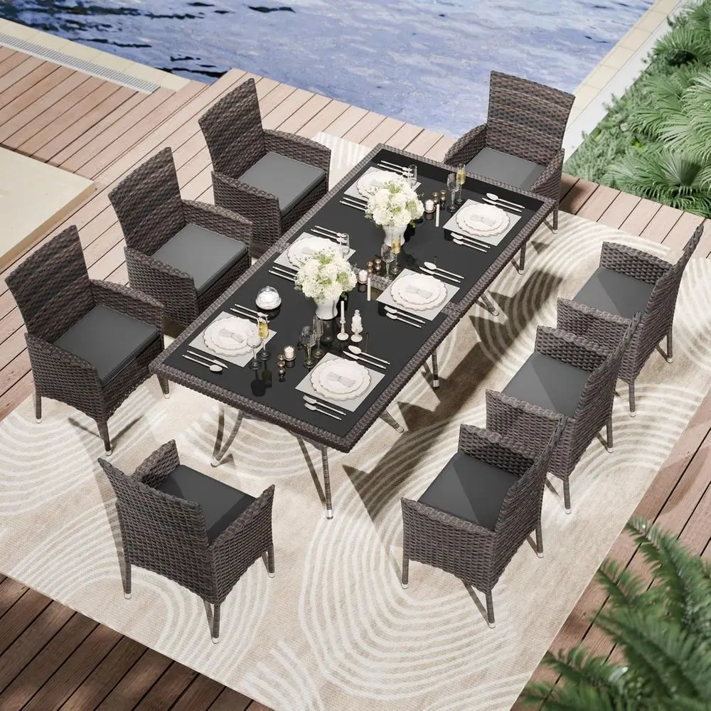 Grey Outdoor Patio Dining Set with 8 Chairs, Square Glass Table and Cushions
Grey Outdoor Patio Dining Set with 8 Chairs, Square Glass Table and Cushions