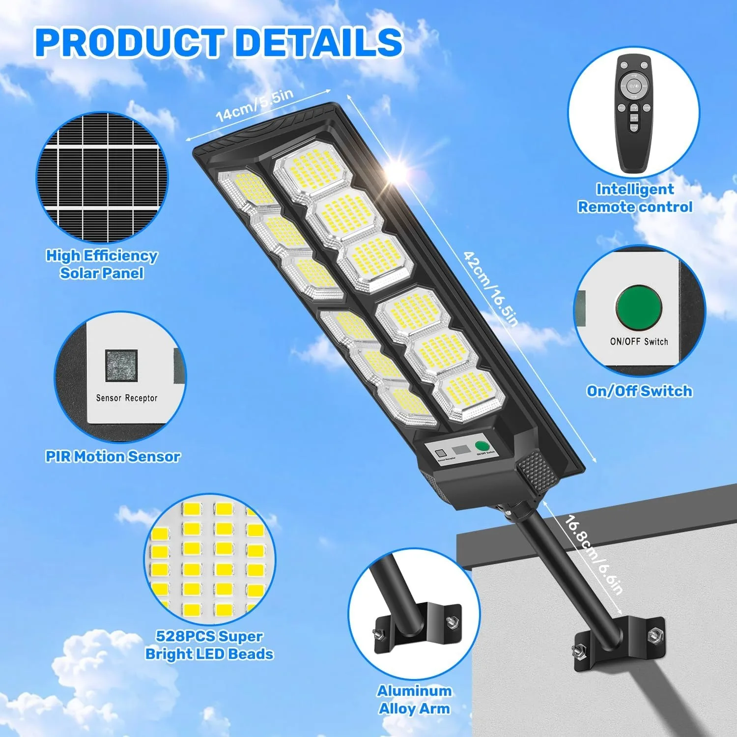 Solar Outdoor Street Light, 6500K Waterproof Outdoor Solar Lamp with Motion Sensor, Remote Control, Powerful Solar Spotlight LED
Solar Outdoor Street Light, 6500K Waterproof Outdoor Solar Lamp with Motion Sensor, Remote Control, Powerful Solar Spotlight LED