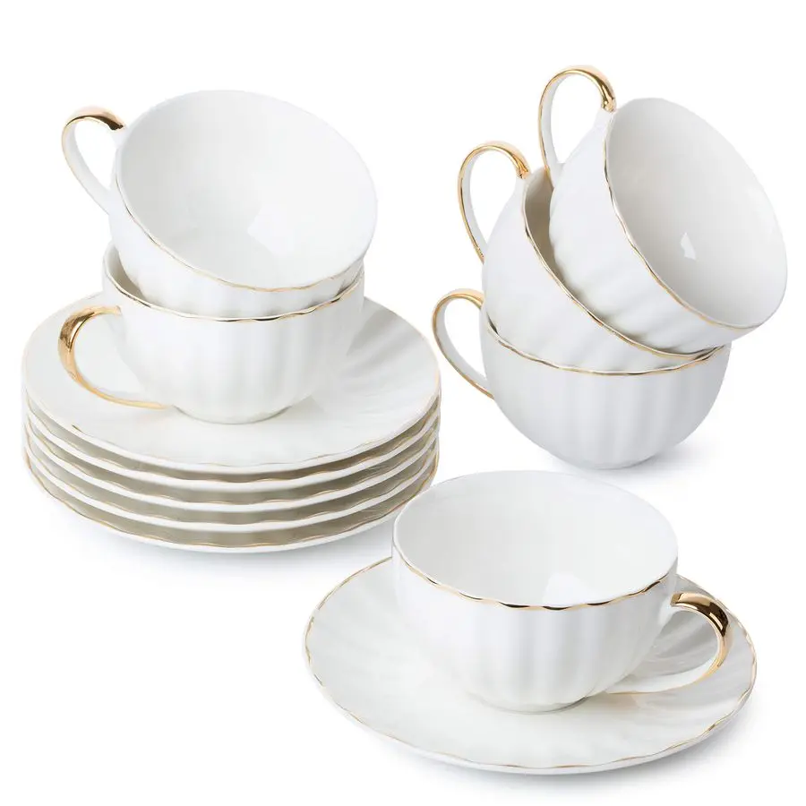 White Tea Cups and Saucers Set of 6 7 oz, Porcelain White Tea Cup Set with Golden Trim Design, Dishwasher Safe, Christmas Gifts
White Tea Cups and Saucers Set of 6 7 oz, Porcelain White Tea Cup Set with Golden Trim Design, Dishwasher Safe, Christmas Gifts