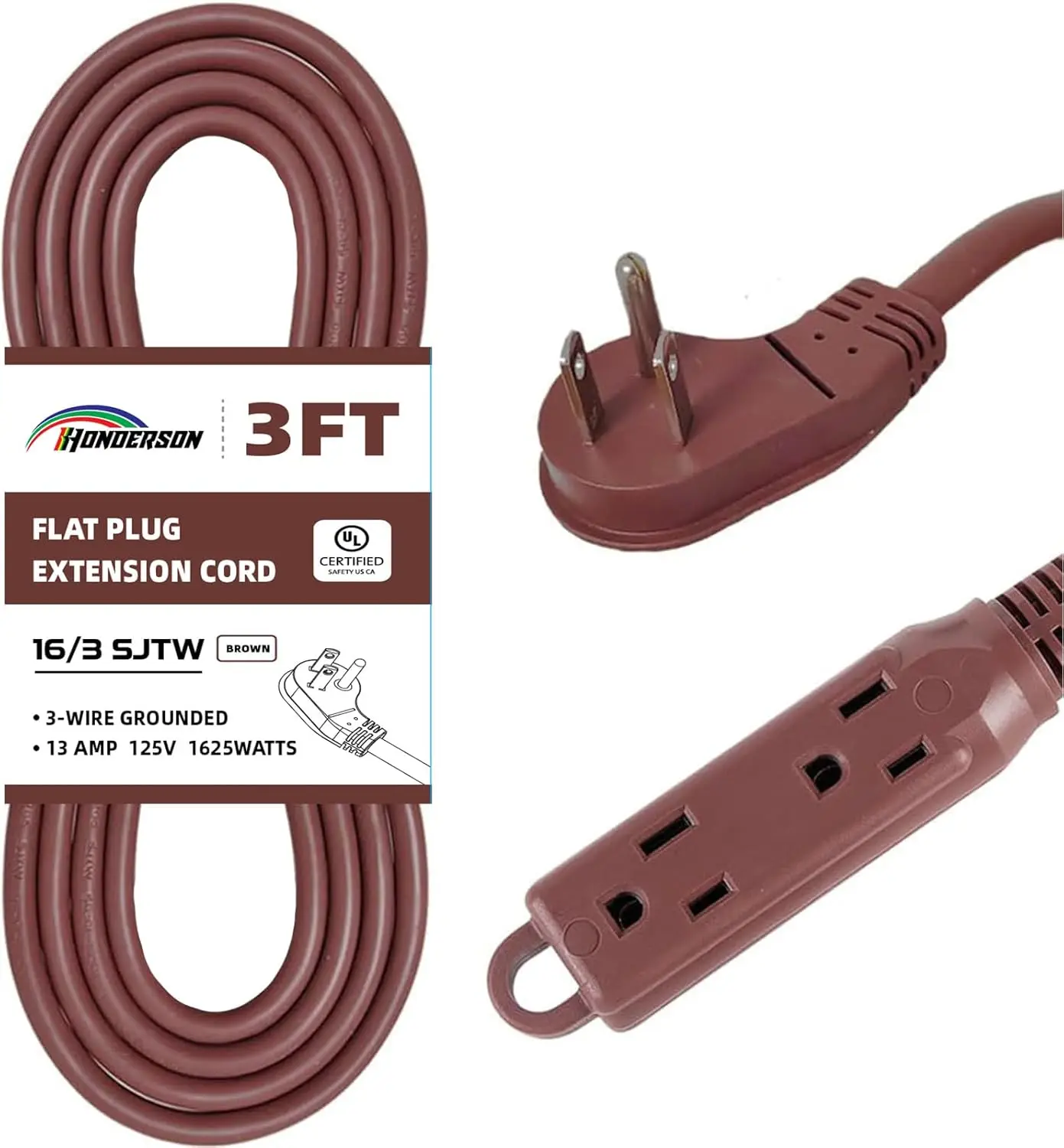 3-Outlet Flat Plug Extension Cord, UL Certified, 16/3 SJTW 13A 125V Brown, Indoor Power Strip with Right Angle Plug
3-Outlet Flat Plug Extension Cord, UL Certified, 16/3 SJTW 13A 125V Brown, Indoor Power Strip with Right Angle Plug