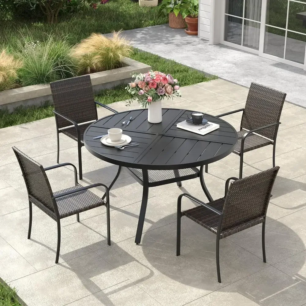 5-Piece Outdoor Dining Set: 4 Stackable Wicker Chairs & 40.6 Round Metal Table with Umbrella Hole for Patio or Garden
5-Piece Outdoor Dining Set: 4 Stackable Wicker Chairs & 40.6 Round Metal Table with Umbrella Hole for Patio or Garden