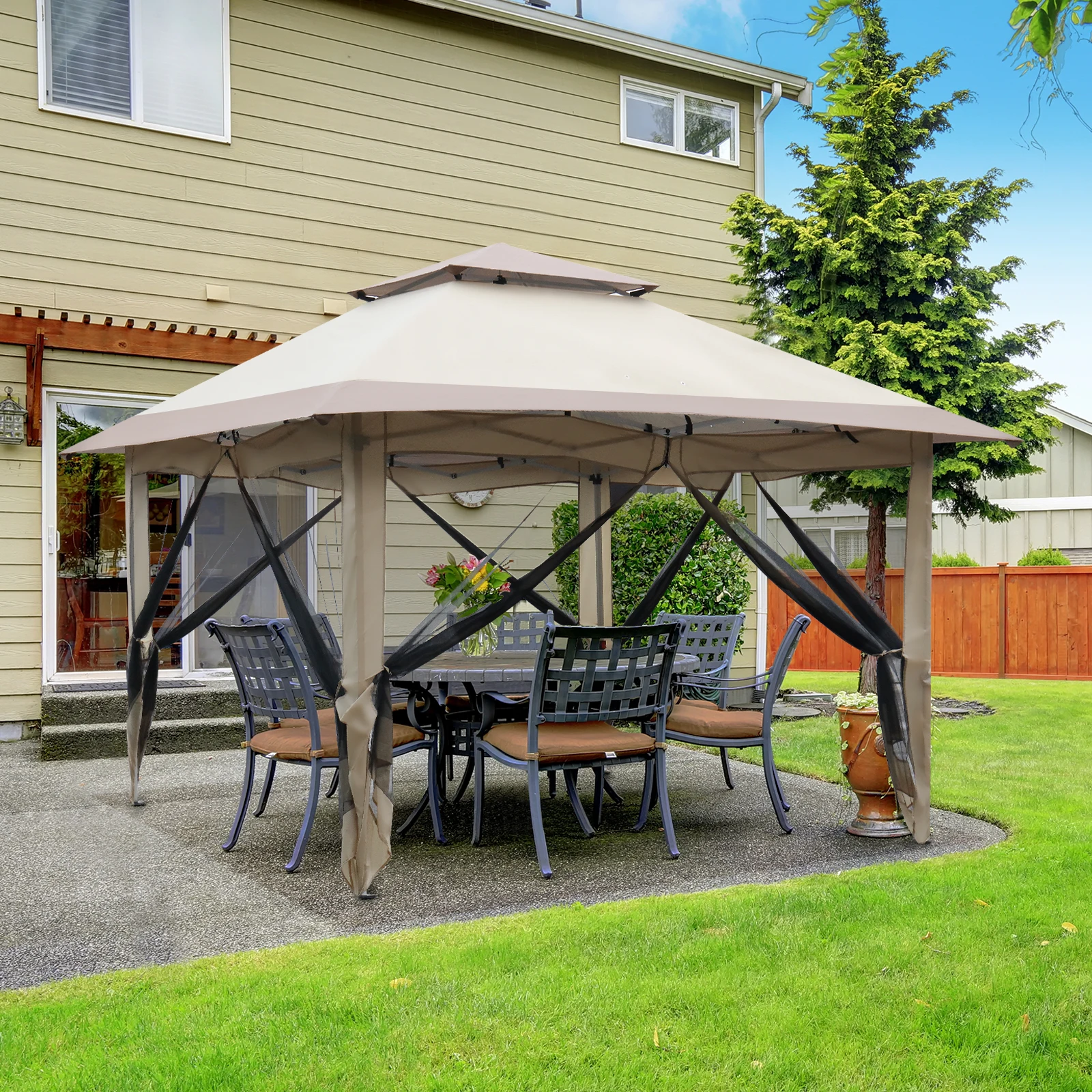 12 * 12ft khaki, one-click open 4-veil mesh, double-top overhanging eaves, folding shed, Oxford cloth, white plastic-sprayed
12 * 12ft khaki, one-click open 4-veil mesh, double-top overhanging eaves, folding shed, Oxford cloth, white plastic-sprayed