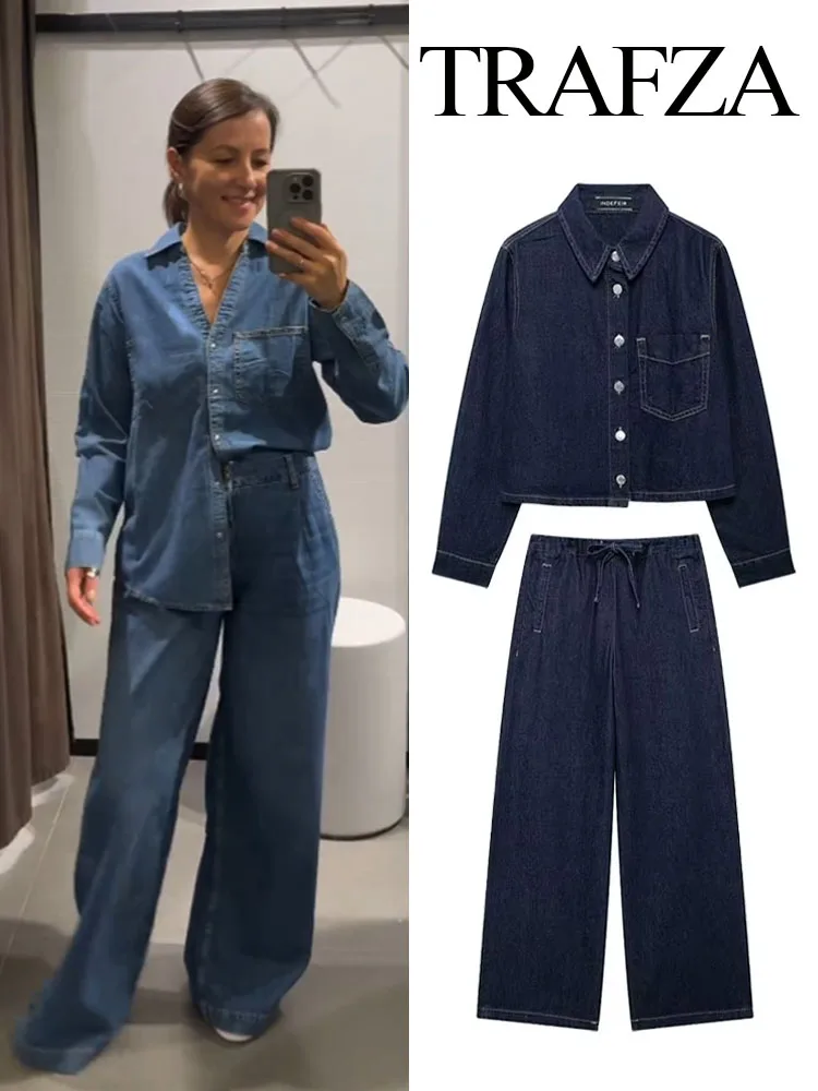 TRAFZA Women Fashion Suits Solid Turn-Down Collar Pocket Single Breasted Denim Shirts+High Waist Lace-Up Jeans Female Autumn Set
TRAFZA Women Fashion Suits Solid Turn-Down Collar Pocket Single Breasted Denim Shirts+High Waist Lace-Up Jeans Female Autumn Set