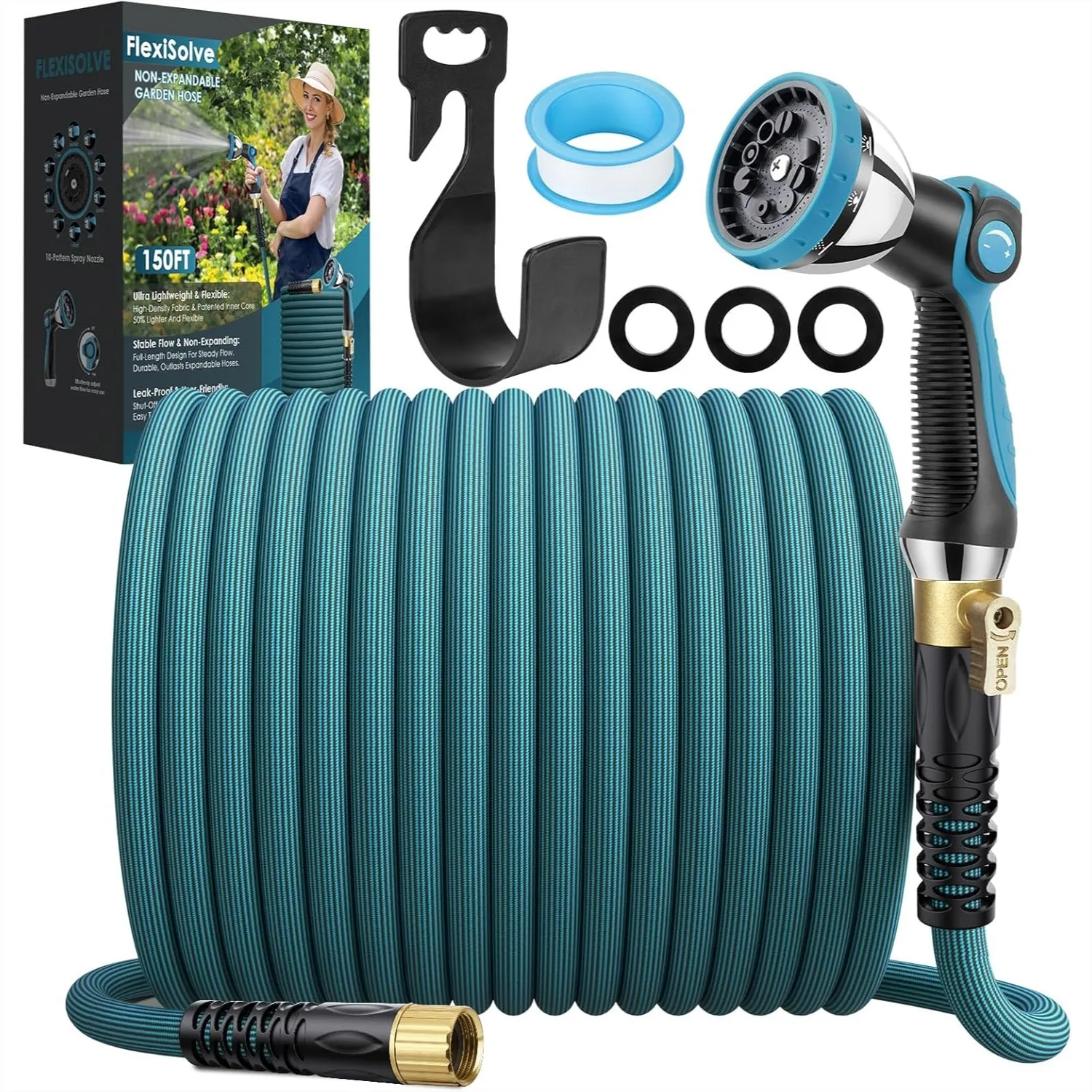 FlexiSolve Garden Hose 150 ft, Non-Expandable Lightweight Water Hose with 360° Swivel Anti-Kink Fittings, 10-Pattern Spray
FlexiSolve Garden Hose 150 ft, Non-Expandable Lightweight Water Hose with 360° Swivel Anti-Kink Fittings, 10-Pattern Spray