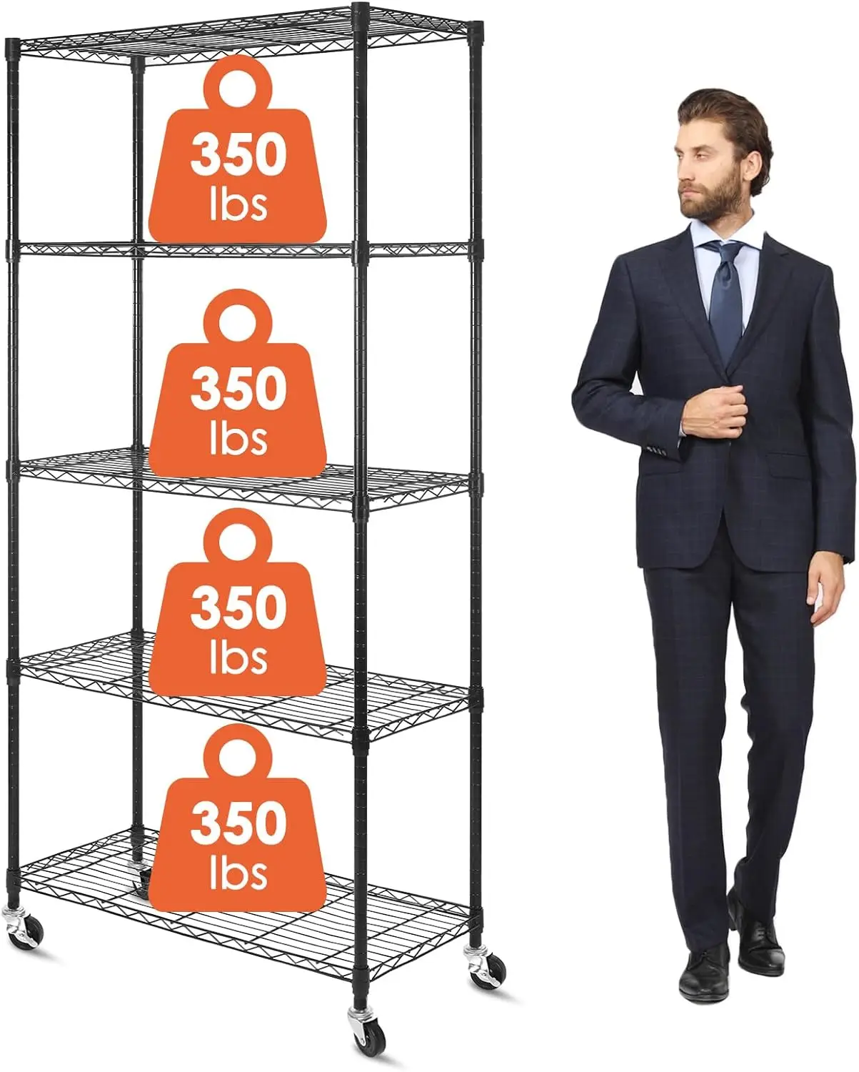 5-Tier Adjustable Metal Storage Shelves with Wheels, 350lbs Capacity per Shelf, 36"D x 16"W x 75"H
5-Tier Adjustable Metal Storage Shelves with Wheels, 350lbs Capacity per Shelf, 36"D x 16"W x 75"H