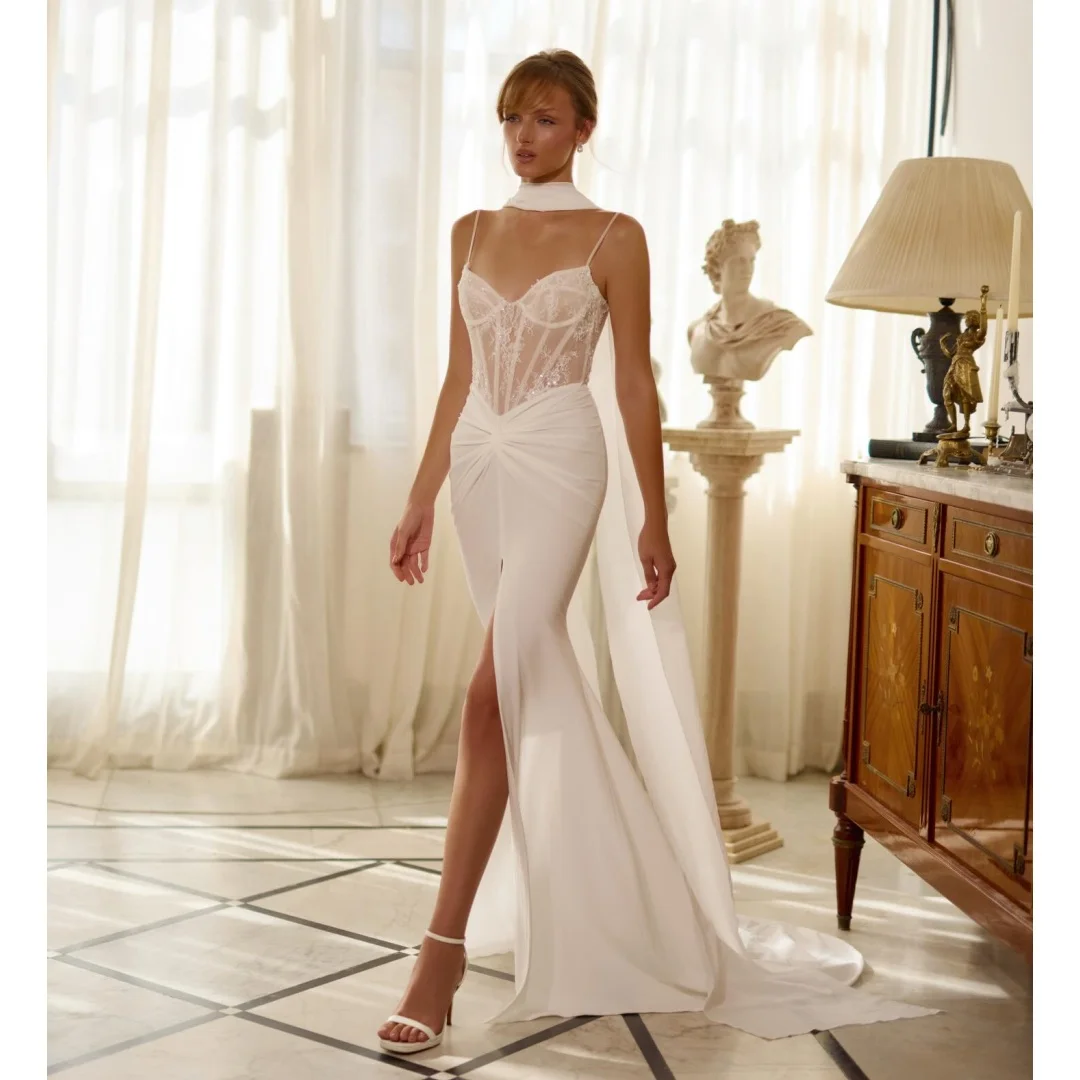 Mermaid Wedding Dresses Spaghetti Straps Lace Corset Vestido de Novia with Scarf Customized Pleat Split Vestidos
Mermaid Wedding Dresses Spaghetti Straps Lace Corset Vestido de Novia with Scarf Customized Pleat Split Vestidos