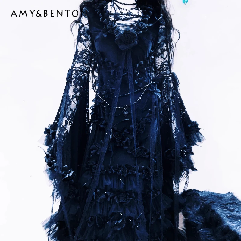 Gothic New Original Design Black Lace Hollow Out Bell Sleeve Women's Long Dress Punk Dark Retro Heavy Industry Halloween Ladies 
Gothic New Original Design Black Lace Hollow Out Bell Sleeve Women's Long Dress Punk Dark Retro Heavy Industry Halloween Ladies