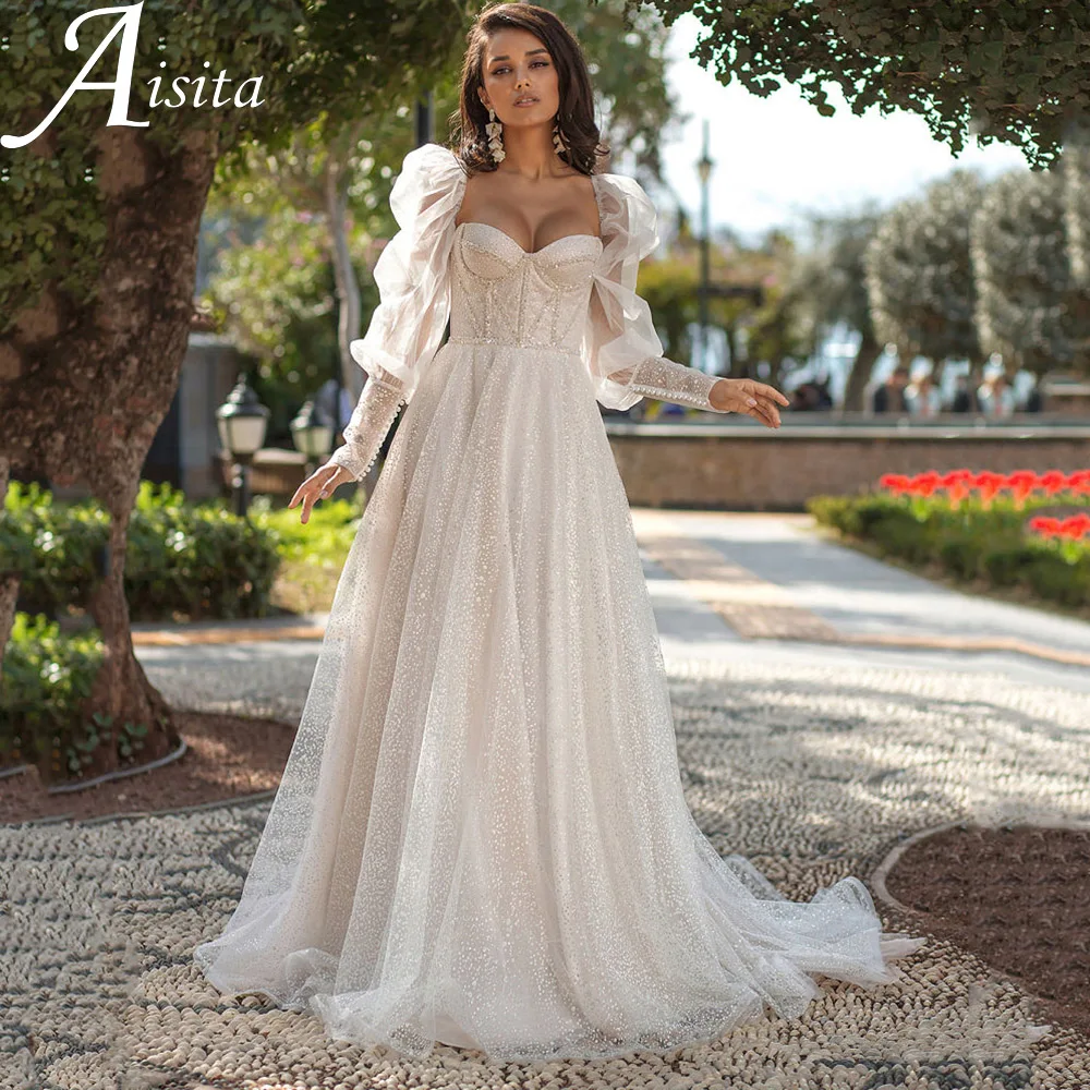 Faddish Sweetheart Glitter Wedding Dress Long Puffy Sleeves Sweep Train Bridal Gown Lace Up Back Shiny Beading Vestidos De Novia
Faddish Sweetheart Glitter Wedding Dress Long Puffy Sleeves Sweep Train Bridal Gown Lace Up Back Shiny Beading Vestidos De Novia