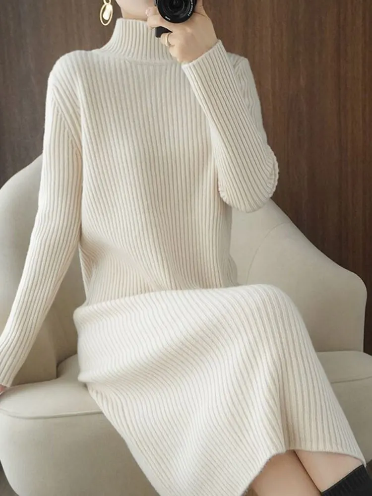 Women's Half High Collar Dress Autumn Winter Cross V-neck Knit Pullover Dress Long Sweater Cashmere Waist Solid Dress CQ310
Women's Half High Collar Dress Autumn Winter Cross V-neck Knit Pullover Dress Long Sweater Cashmere Waist Solid Dress CQ310
