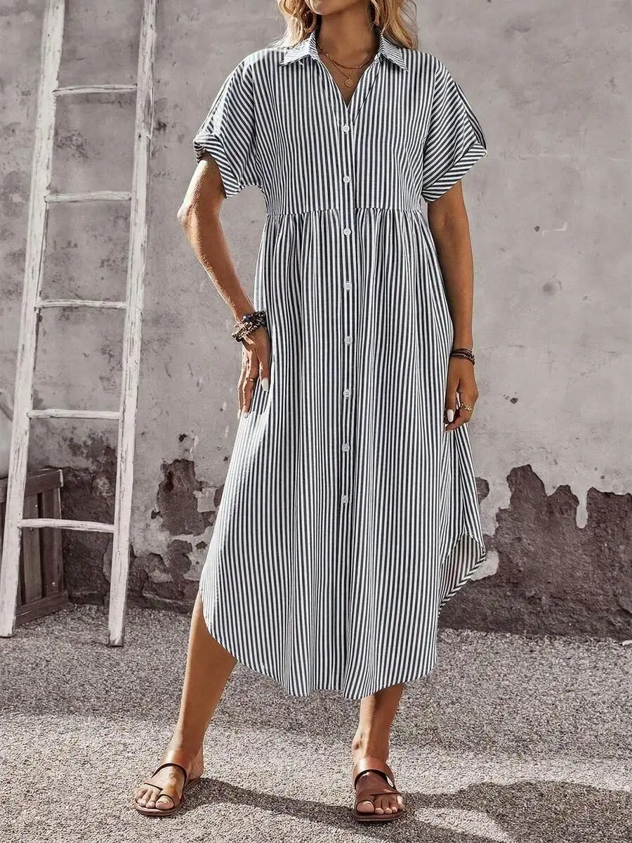 Womens Striped Shirt Dress With Roll Tab Sleeves Casual Summer Vacation Dress
Womens Striped Shirt Dress With Roll Tab Sleeves Casual Summer Vacation Dress