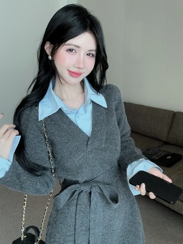 Slim Fit Knitted Dress with Stand Collar Belt And Color Block Design Korean Style Commute Casual Long Sleeve Short Dress
Slim Fit Knitted Dress with Stand Collar Belt And Color Block Design Korean Style Commute Casual Long Sleeve Short Dress