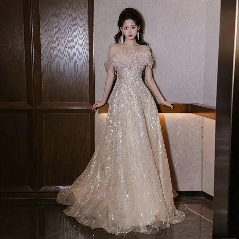 Engagement Evening Gown Women's One-Shoulder High-End Luxury Graduation Feather Drinking Ceremony Morning Robe Wedding Dress
Engagement Evening Gown Women's One-Shoulder High-End Luxury Graduation Feather Drinking Ceremony Morning Robe Wedding Dress