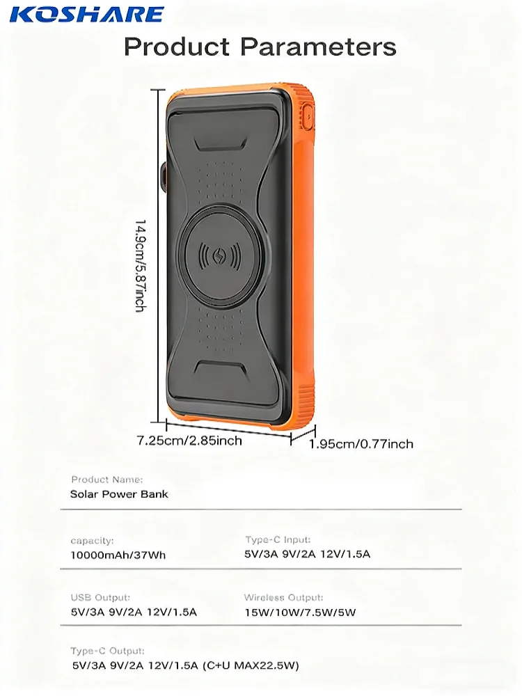 KOSHAER Hot Selling Travel Portable Power Bank 10000mAh Solar Power Banks Wireless Charger USB Power Banks for Mobile Phones
KOSHAER Hot Selling Travel Portable Power Bank 10000mAh Solar Power Banks Wireless Charger USB Power Banks for Mobile Phones