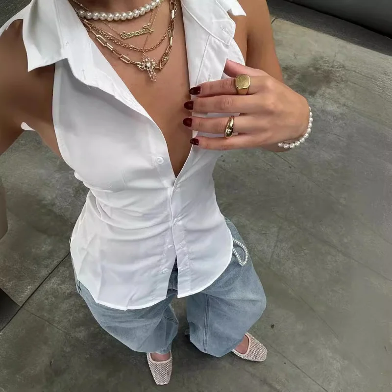 European and American Style Shirt with Waist Tie and Halter NeckPoloButton-Down Vest Elegant Niche Sleeveless Backless Top
European and American Style Shirt with Waist Tie and Halter NeckPoloButton-Down Vest Elegant Niche Sleeveless Backless Top
