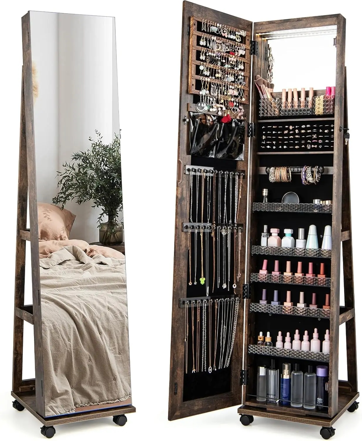 360° Rotating Jewelry Armoire, Lockable Jewelry Organizer with 3-Color LED Lights, Standing Jewelry Cabinet(Rustic Brown)
360° Rotating Jewelry Armoire, Lockable Jewelry Organizer with 3-Color LED Lights, Standing Jewelry Cabinet(Rustic Brown)