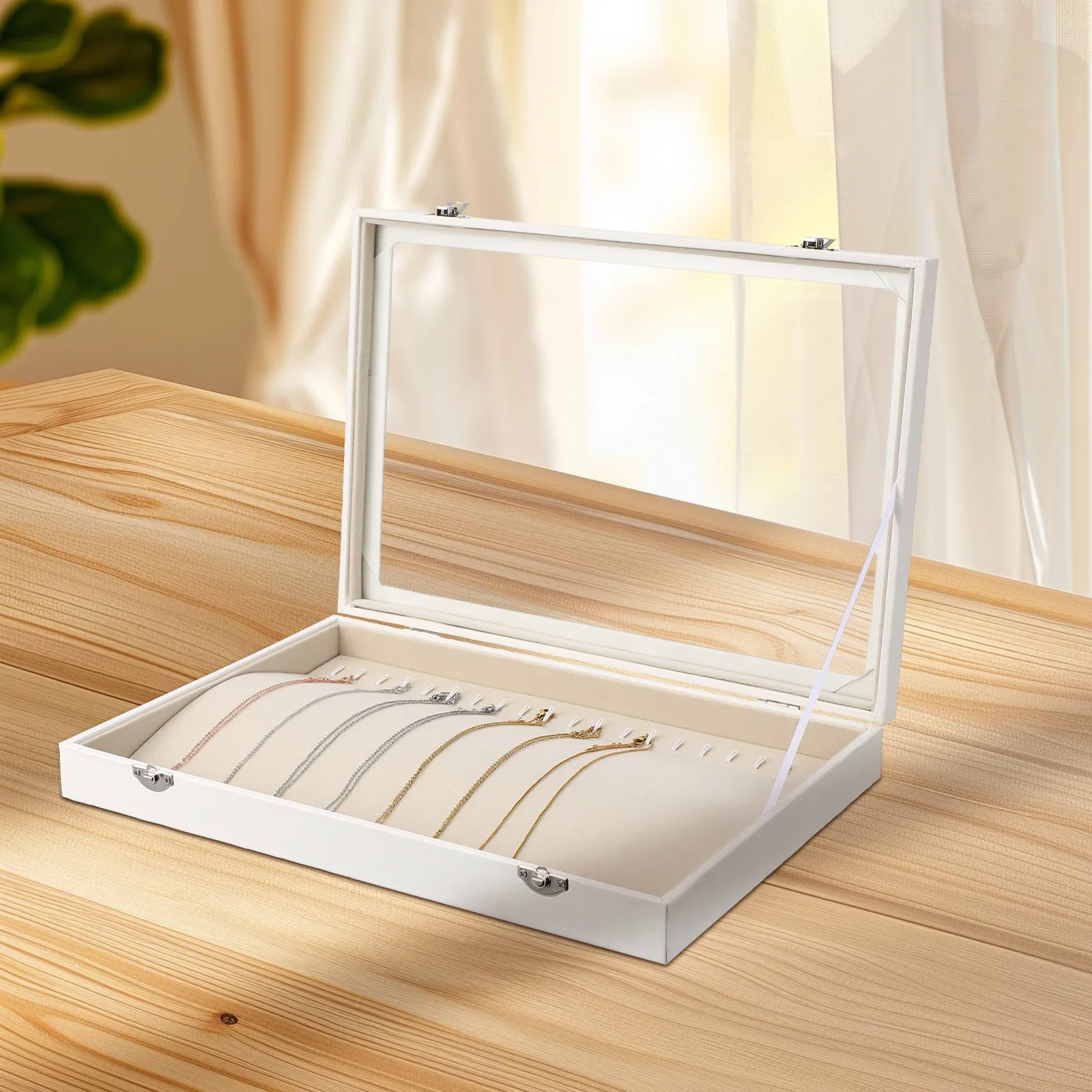 Necklace Storage Box Large Capacity Wood Organizer Clear Lid Lockable Jewelry Holder Tray for Vanity Drawer Display
Necklace Storage Box Large Capacity Wood Organizer Clear Lid Lockable Jewelry Holder Tray for Vanity Drawer Display