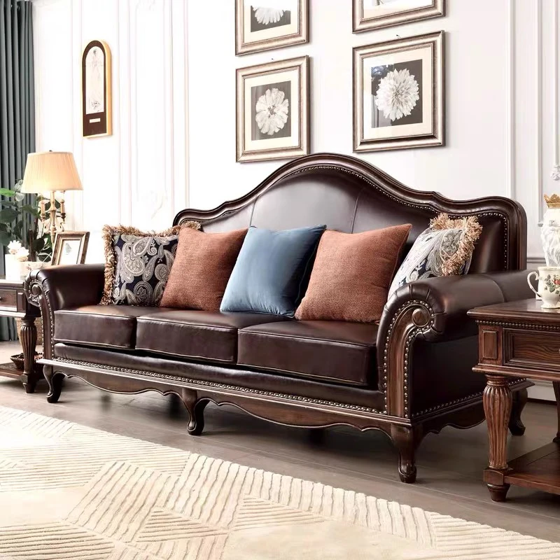 American classic first layer cowhide sofa French retro living room furniture 1234 person solid wood carving flower sofa
American classic first layer cowhide sofa French retro living room furniture 1234 person solid wood carving flower sofa