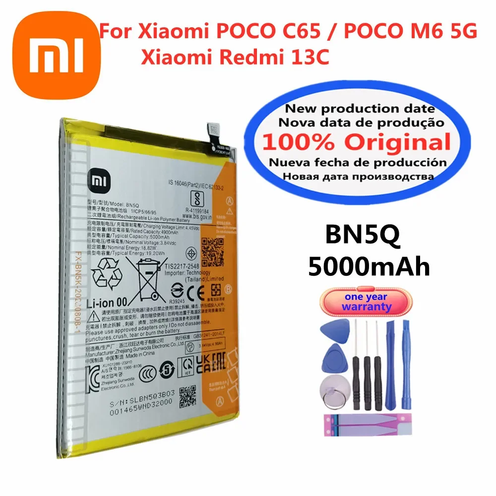 New 100% Original Battery BN5Q For Xiaomi POCO M6 5G /POCO C65 REDMI 13C Phone Replacement Batteriea 5000mAh + Free Tools
New 100% Original Battery BN5Q For Xiaomi POCO M6 5G /POCO C65 REDMI 13C Phone Replacement Batteriea 5000mAh + Free Tools