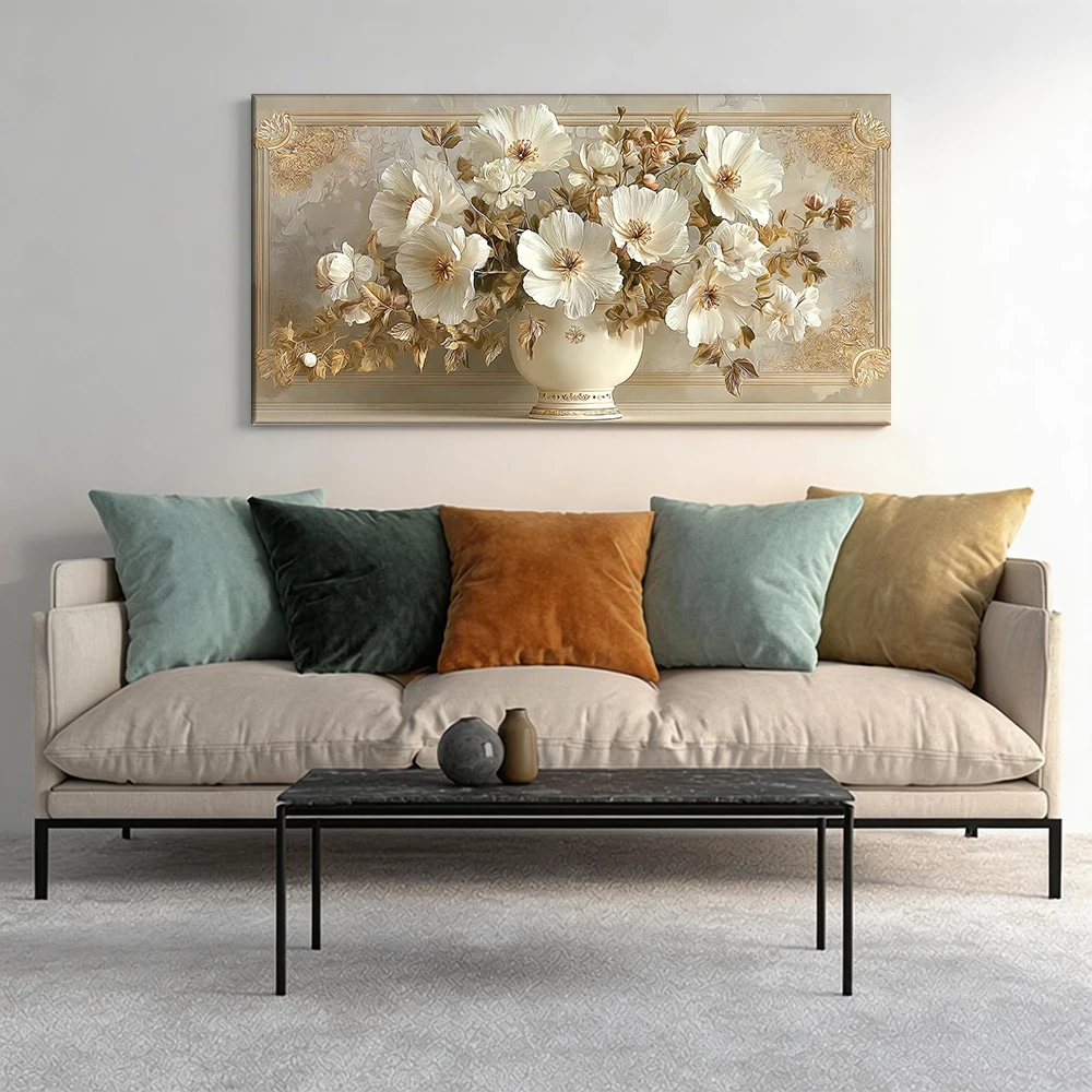 Large-sized solid wood frame canvas painting 1pc Vase with exquisite white flowers.
Large-sized solid wood frame canvas painting 1pc Vase with exquisite white flowers.