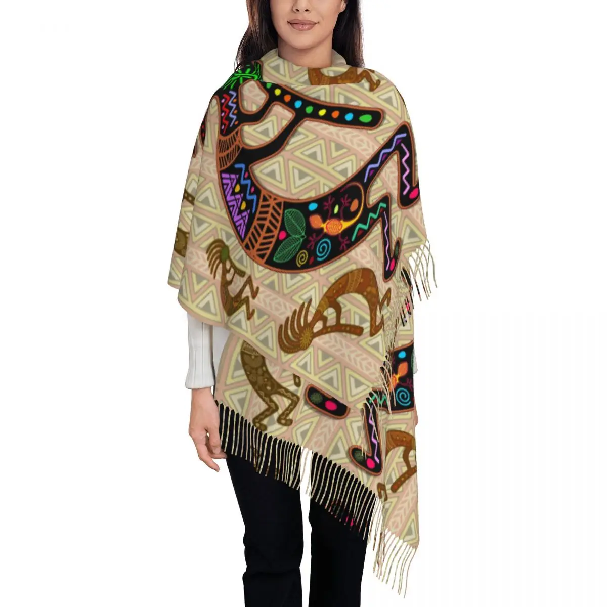 Изготовленный на заказ африканский племенный шарф с кисточками Kokopelli, женские зимние теплые шали, женские шарфы 
Изготовленный на заказ африканский племенный шарф с кисточками Kokopelli, женские зимние теплые шали, женские шарфы
