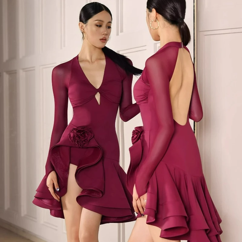 Adult Latin Dance Dress for Women Black Wine Red Flower Long Sleeves Mesh Swing Skirt Sexy Backless Cha Cha Samba Practice Suit
Adult Latin Dance Dress for Women Black Wine Red Flower Long Sleeves Mesh Swing Skirt Sexy Backless Cha Cha Samba Practice Suit