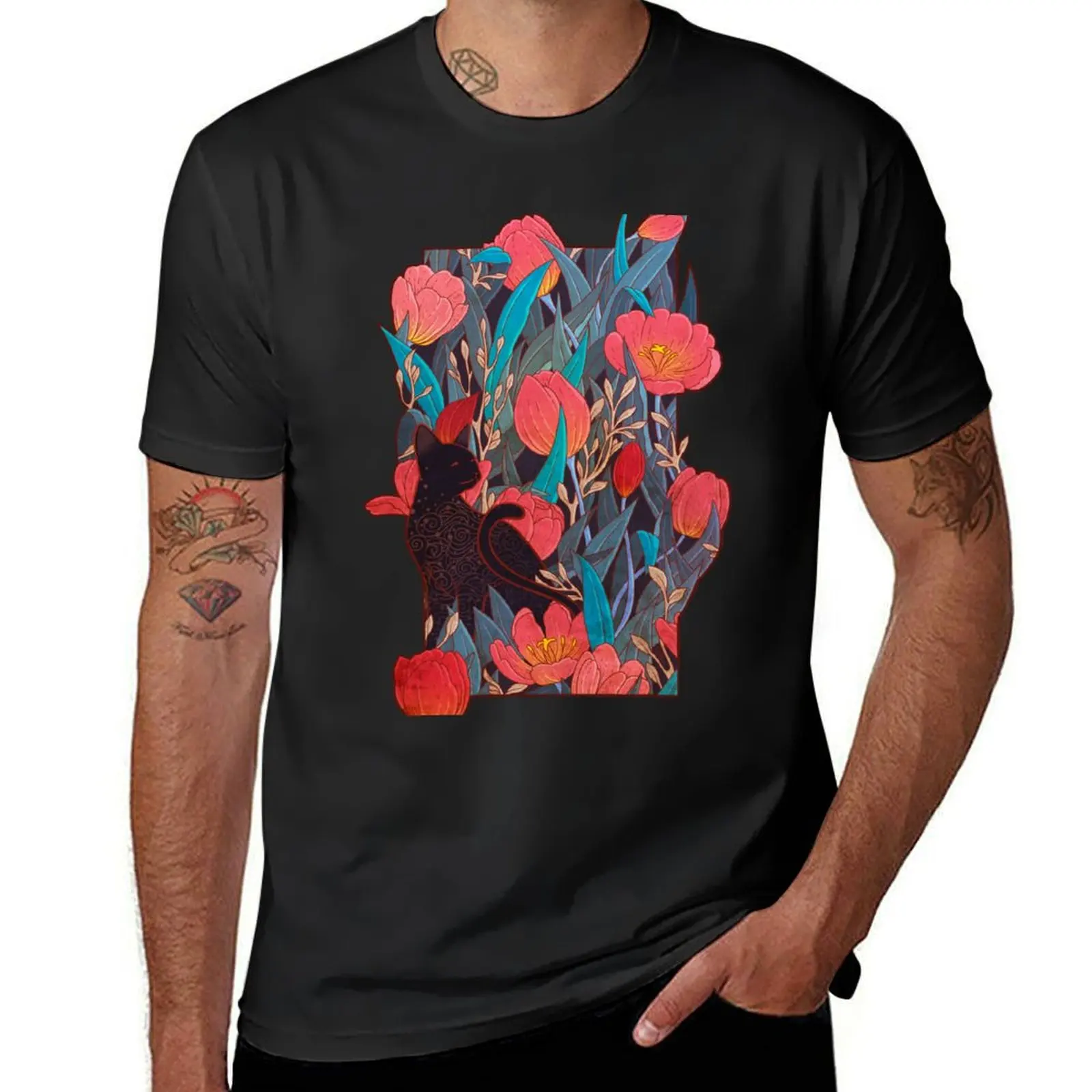 Black cat and tulips T-Shirt vintage quick-drying customs design your own men clothings
Black cat and tulips T-Shirt vintage quick-drying customs design your own men clothings