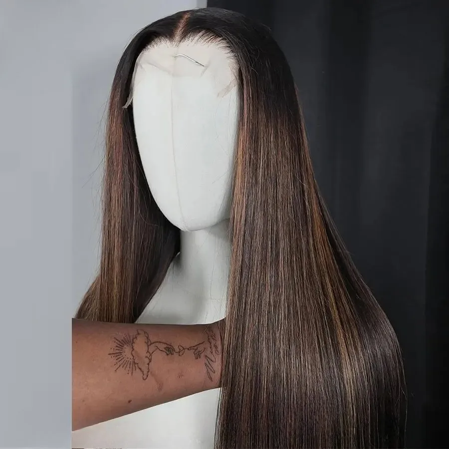 Dark Brown Highlights Streaks 13X4 HD Bone Straight Lace Front Wigs Pre Plucked Glueless Wear High Quality Synthetic And Blend
Dark Brown Highlights Streaks 13X4 HD Bone Straight Lace Front Wigs Pre Plucked Glueless Wear High Quality Synthetic And Blend