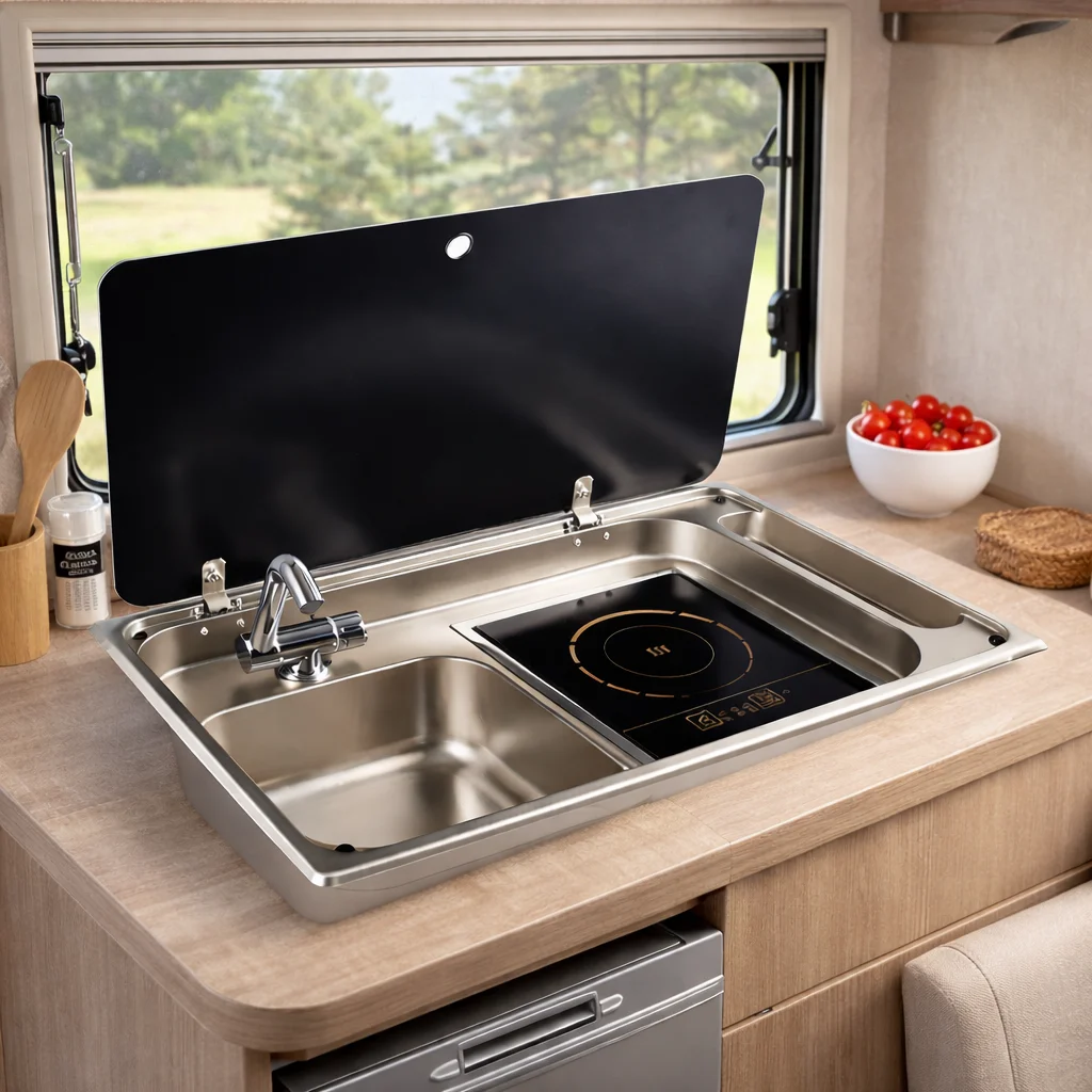 RV Caravan Sink with Induction Cooker - Stainless Steel Integrated Kitchen Unit with Glass Lid
RV Caravan Sink with Induction Cooker - Stainless Steel Integrated Kitchen Unit with Glass Lid