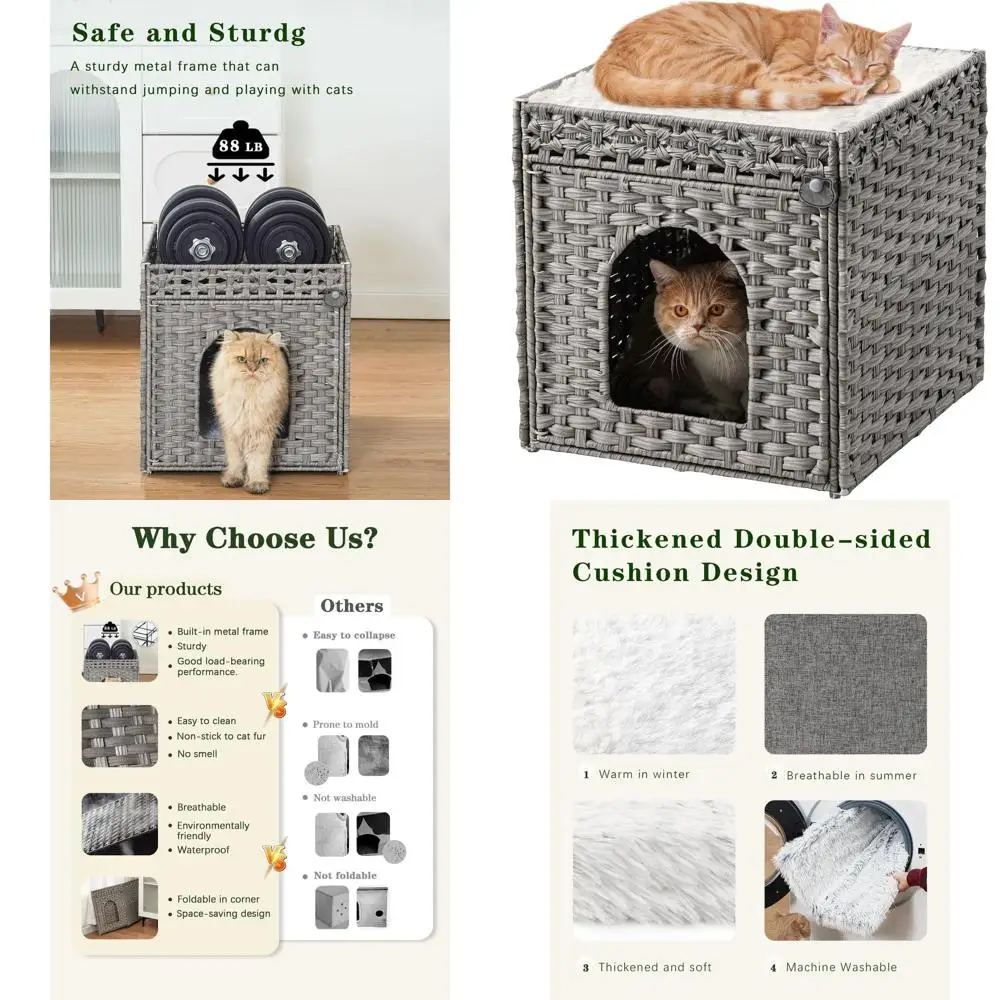 Extra Large Indoor Double Cat Cave, Handcrafted Rattan Pet House with Soft Cushions, 18.5x20.5x19.1in, Foldable Gray
Extra Large Indoor Double Cat Cave, Handcrafted Rattan Pet House with Soft Cushions, 18.5x20.5x19.1in, Foldable Gray