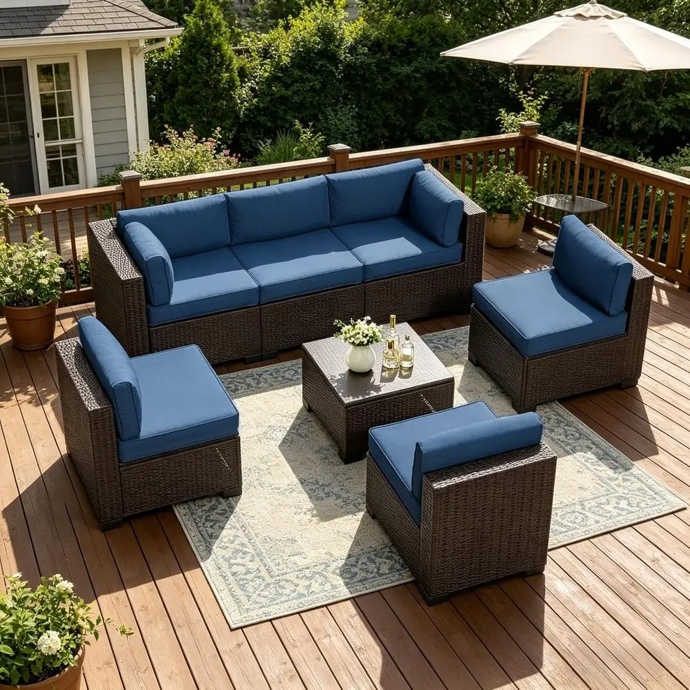 7-Piece Outdoor Patio Sectional Set with All-Weather Wicker, Water-Resistant Cushions, and Tempered Glass Table for Backyard or
7-Piece Outdoor Patio Sectional Set with All-Weather Wicker, Water-Resistant Cushions, and Tempered Glass Table for Backyard or