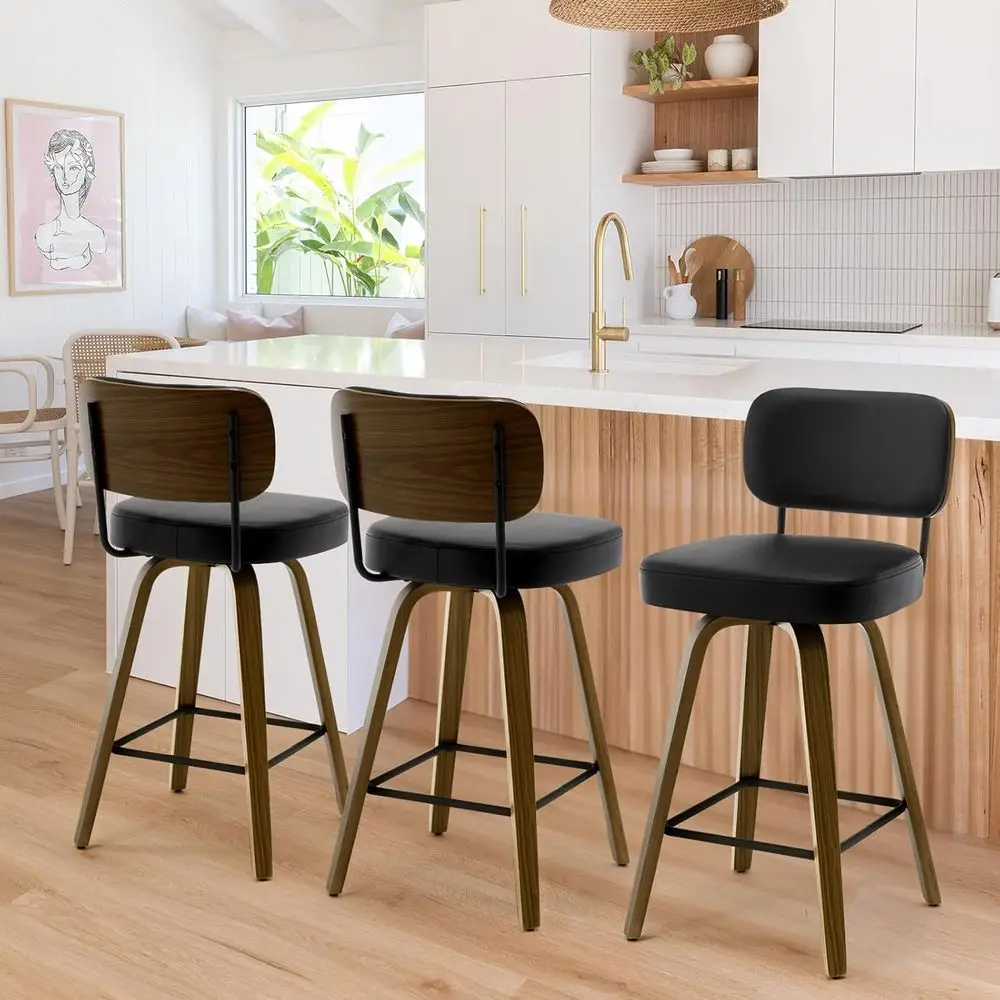 Set of 3, 26 Upholstered Faux Leather Bar Stools with Backrest and Bentwood Legs, Modern Kitchen Counter Height Chairs, Black
Set of 3, 26 Upholstered Faux Leather Bar Stools with Backrest and Bentwood Legs, Modern Kitchen Counter Height Chairs, Black