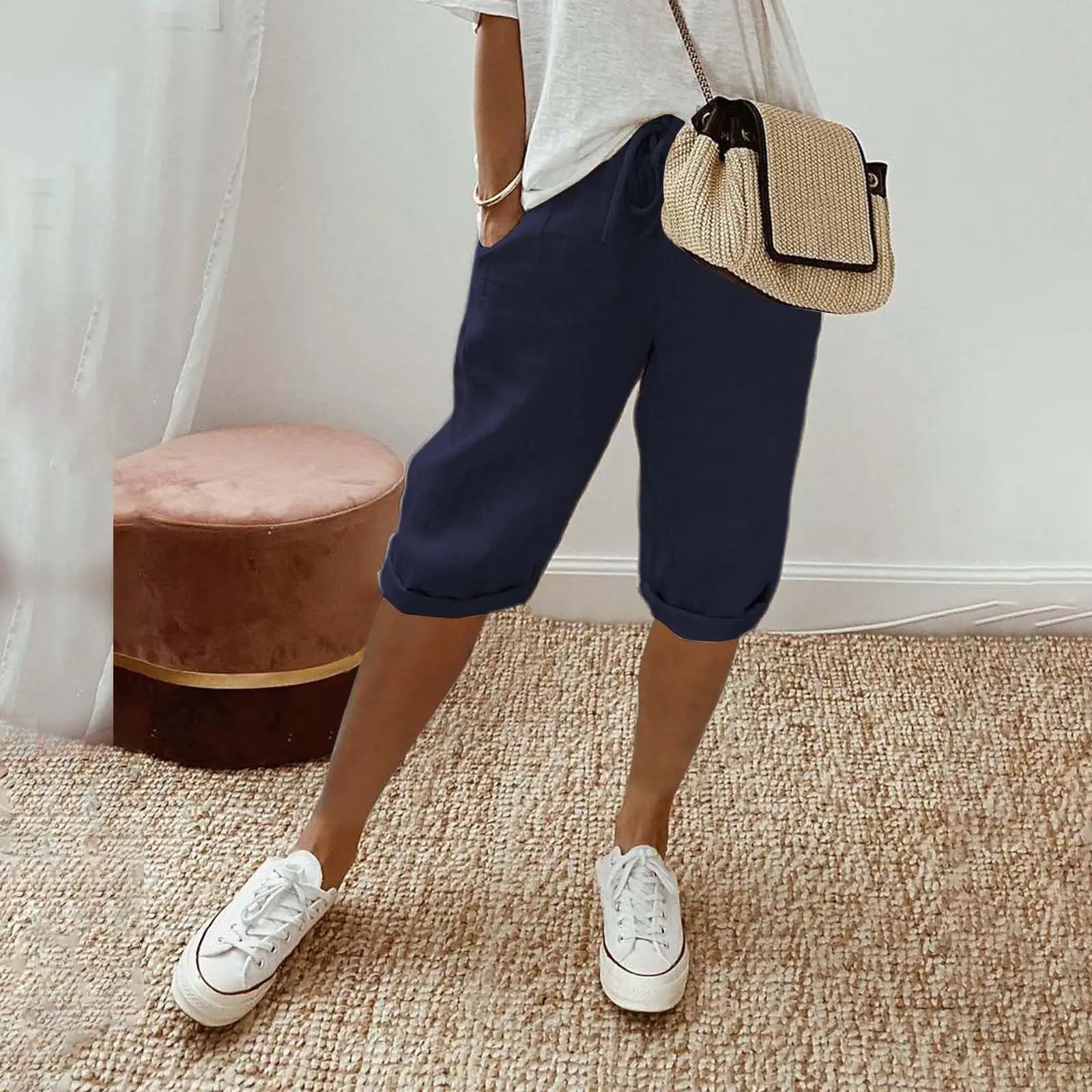 Casual Cotton Linen Women's Pants Elastic Waist Five-Quarter Length with Pockets Summer Season Loose Fit Style Sweet Style
Casual Cotton Linen Women's Pants Elastic Waist Five-Quarter Length with Pockets Summer Season Loose Fit Style Sweet Style