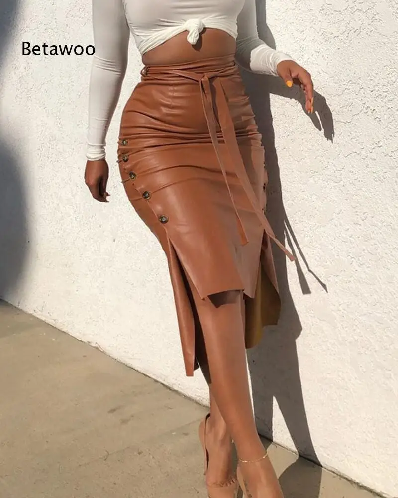 Casual High Waist Self Tie Faux Leather Button Side Slit Midi Skirt
Casual High Waist Self Tie Faux Leather Button Side Slit Midi Skirt