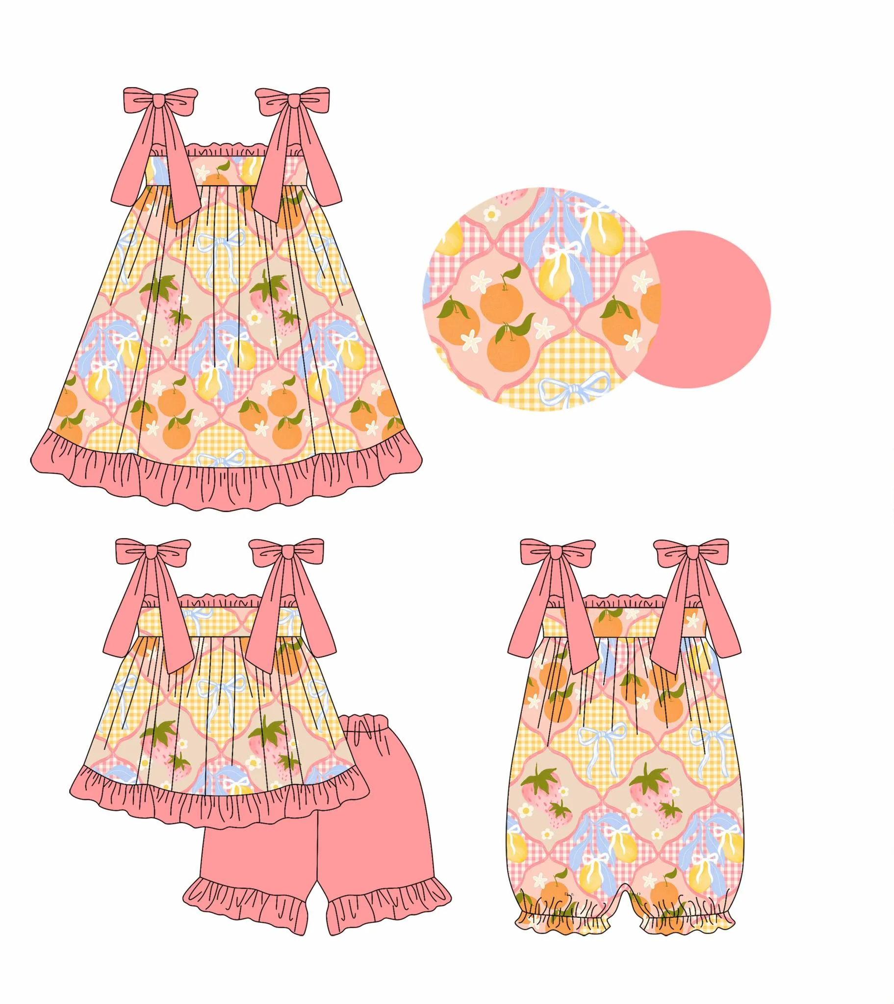 New hot selling boutique children's suit suspender bow fruit plaid bow printed shorts lace girl suit baby onesie dress
New hot selling boutique children's suit suspender bow fruit plaid bow printed shorts lace girl suit baby onesie dress