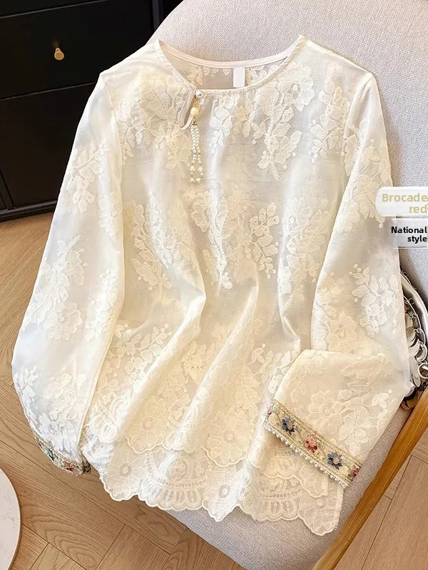 Embroidered Lace Long Sleeve Shirt Chinese Style round Neck plus Size Loose Versatile Floral Print Casual Comfortable Blouse
Embroidered Lace Long Sleeve Shirt Chinese Style round Neck plus Size Loose Versatile Floral Print Casual Comfortable Blouse