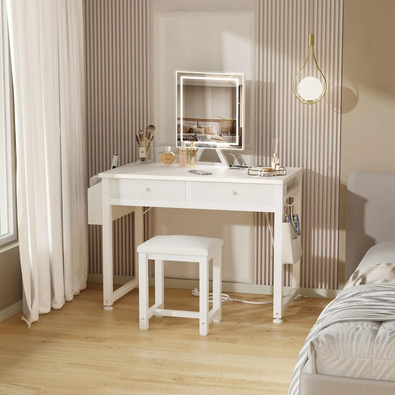 Small Makeup Vanity Desk with Fabric Drawers, with Mirror and Light, Dressing Table and Chair Set with Power Outlet
Small Makeup Vanity Desk with Fabric Drawers, with Mirror and Light, Dressing Table and Chair Set with Power Outlet
