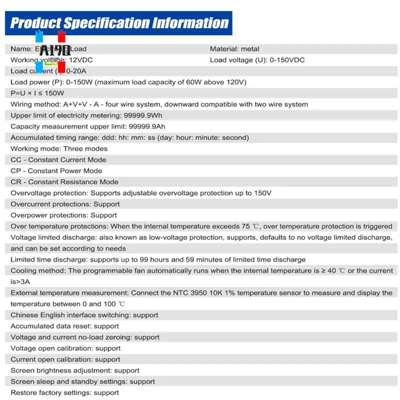 A19Q-MDL150 12VDC Multifunction Electronic Load Support Constant Current/Power/Resistance Mode With Data Calibration(EU US)
A19Q-MDL150 12VDC Multifunction Electronic Load Support Constant Current/Power/Resistance Mode With Data Calibration(EU US)