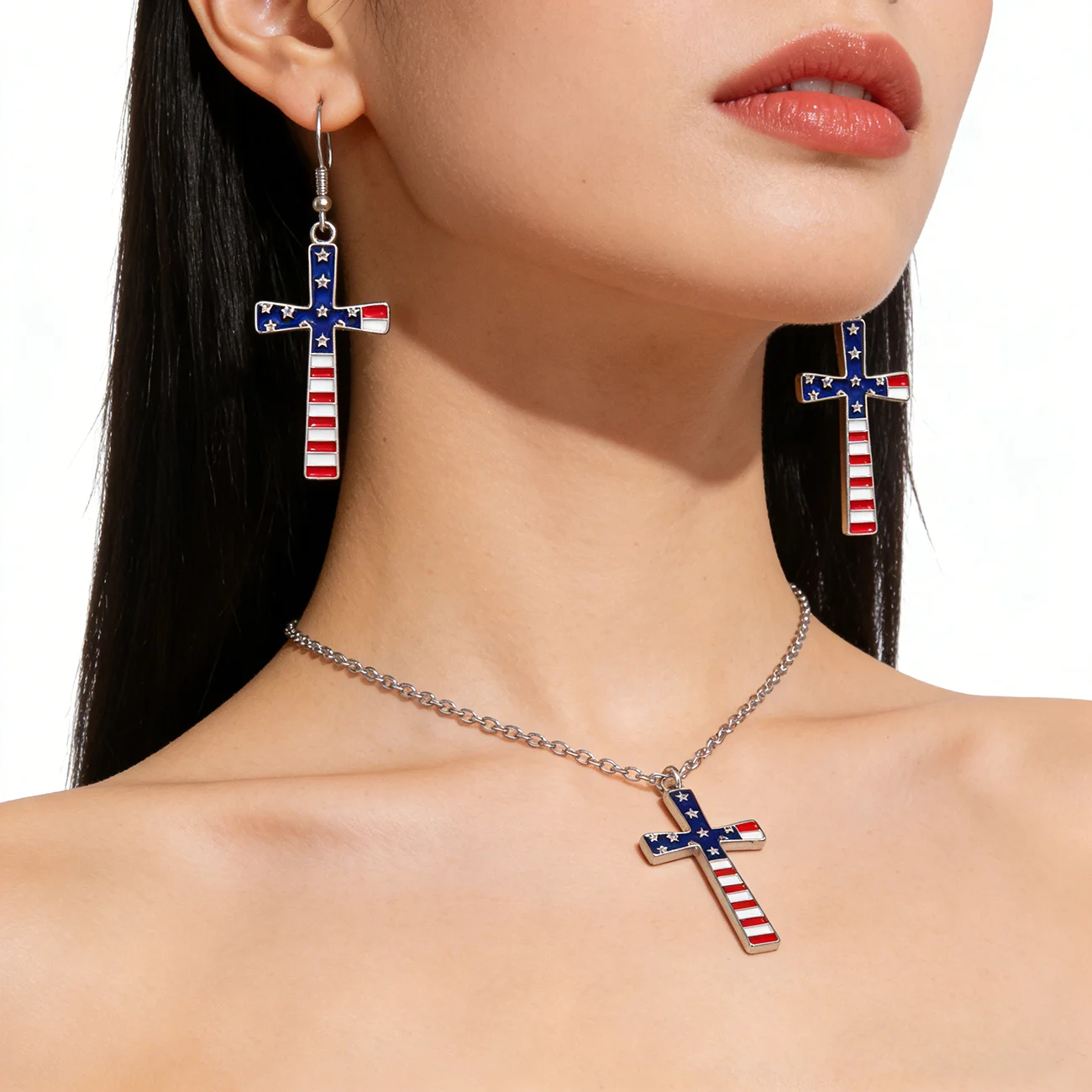 American Flag Cross Jewelry Set - Enamel Necklace & Earrings, Patriotic 4th of July Jewelry
American Flag Cross Jewelry Set - Enamel Necklace & Earrings, Patriotic 4th of July Jewelry