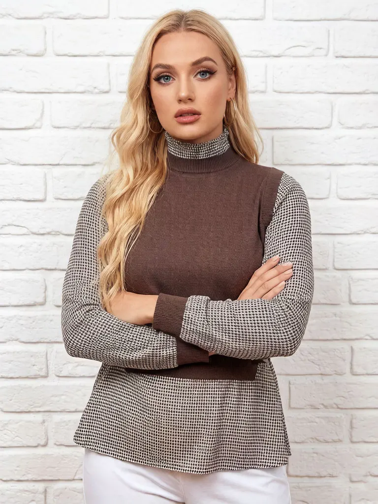 Women Turtleneck Sweater Knitted Top Plaid Patchwork Faux Two Piece High Neck Casual Loose Fit Pullover
Women Turtleneck Sweater Knitted Top Plaid Patchwork Faux Two Piece High Neck Casual Loose Fit Pullover