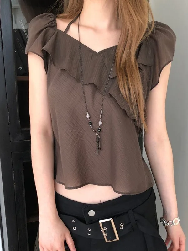 Korean Style Sweet Spicy Neck Hanging V-neck Short Sleeve Women's Top Waist-cinching Short Length Chiffon Shirt
Korean Style Sweet Spicy Neck Hanging V-neck Short Sleeve Women's Top Waist-cinching Short Length Chiffon Shirt