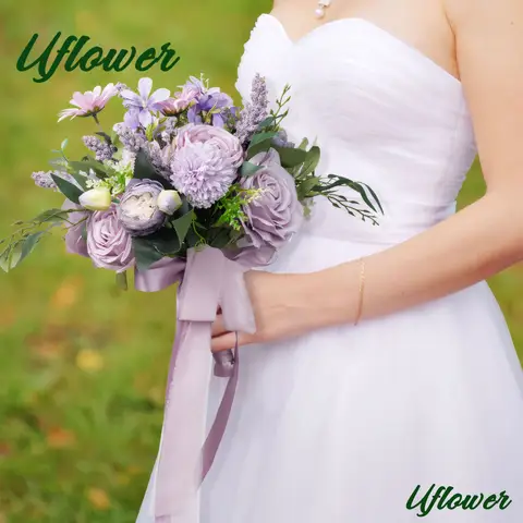 Uflower Purple Bridal Bouquet Bridesmaid Wedding Ceremony Flower Bouquet Accessories Silk Artificial Roses Rustic Decoration