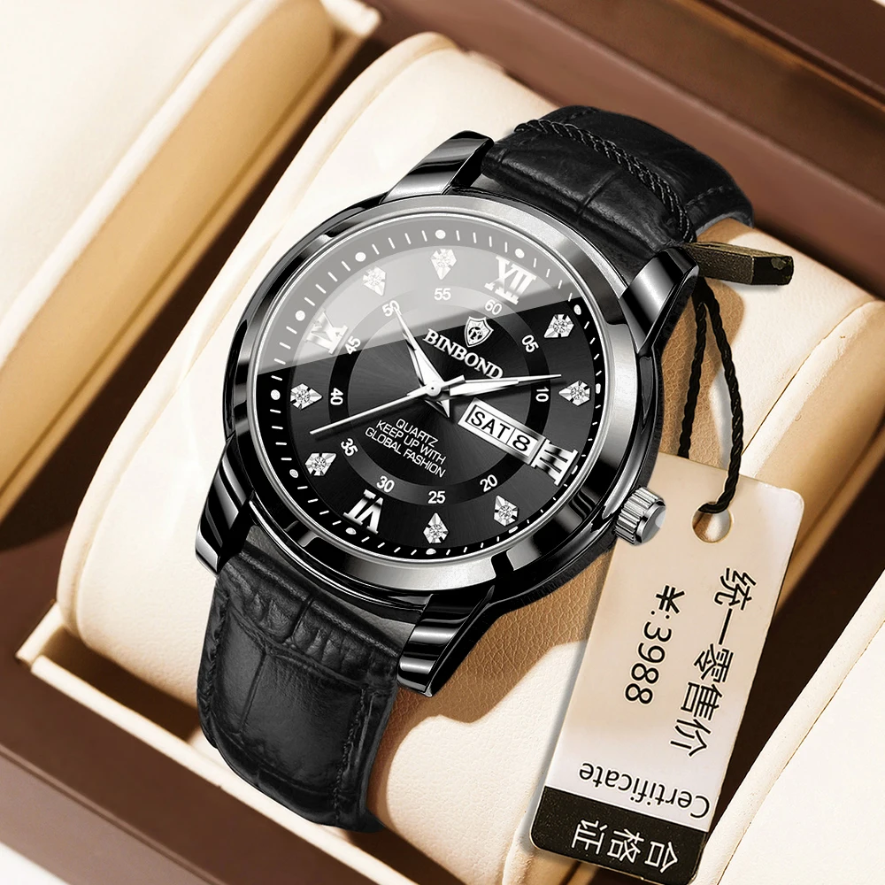 BINBOND Men's Watches Trend Fashion Original Quartz Wristwatch for Man Leather Strap Waterproof Luminous Date Week Double Scale
BINBOND Men's Watches Trend Fashion Original Quartz Wristwatch for Man Leather Strap Waterproof Luminous Date Week Double Scale