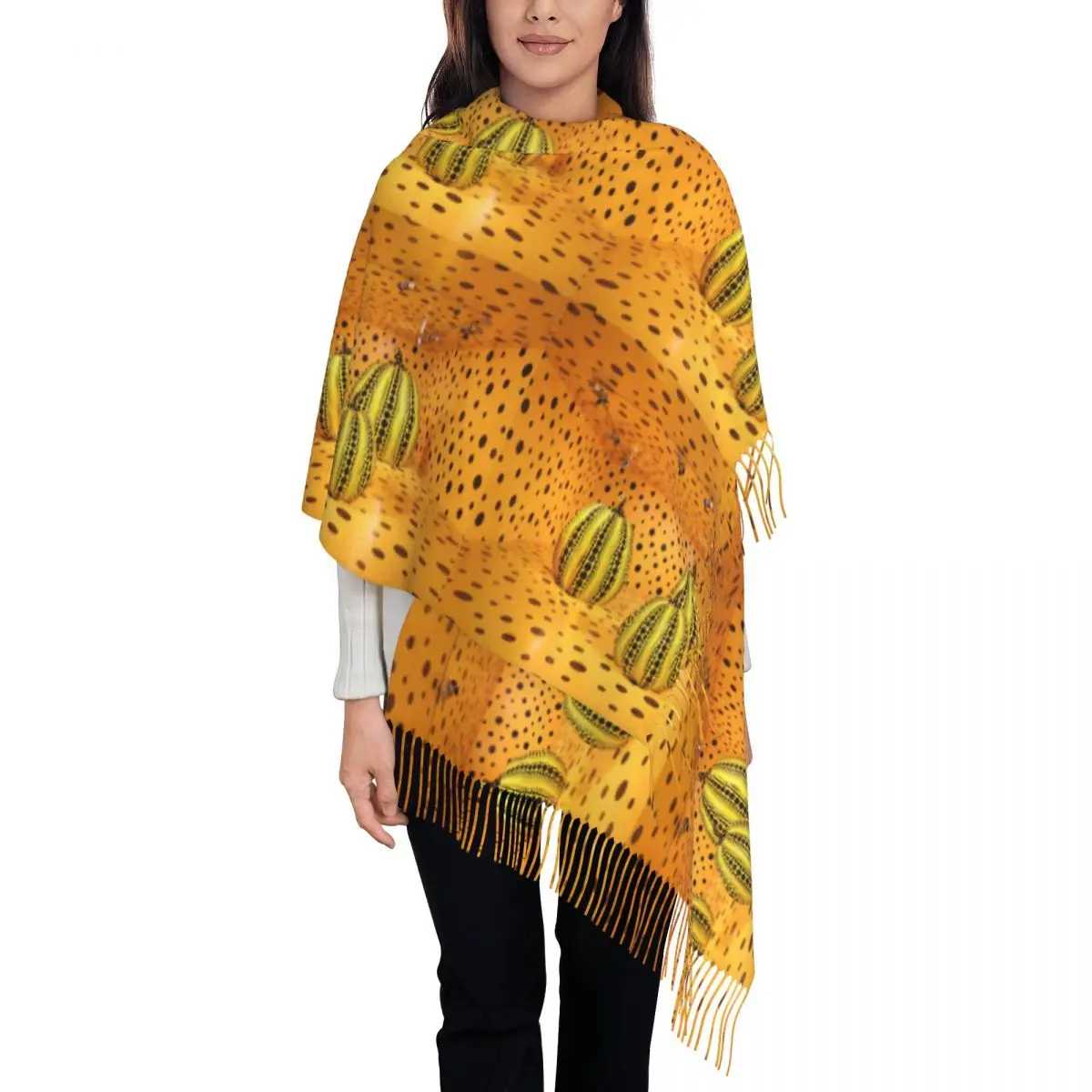 Женские длинные шарфы Yayoi Kusama Pumkin с абстрактным рисунком, женские зимне-осенние толстые теплые шаль с кисточками, шарф
Женские длинные шарфы Yayoi Kusama Pumkin с абстрактным рисунком, женские зимне-осенние толстые теплые шаль с кисточками, шарф