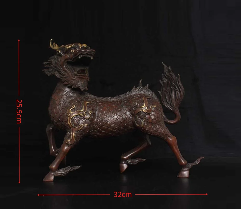 13"Tibetan Temple Collection Old Purple Bronze Gilded High Relief Fire Qilin Statue Kirin Statue Amass wealth Ornaments
13"Tibetan Temple Collection Old Purple Bronze Gilded High Relief Fire Qilin Statue Kirin Statue Amass wealth Ornaments
