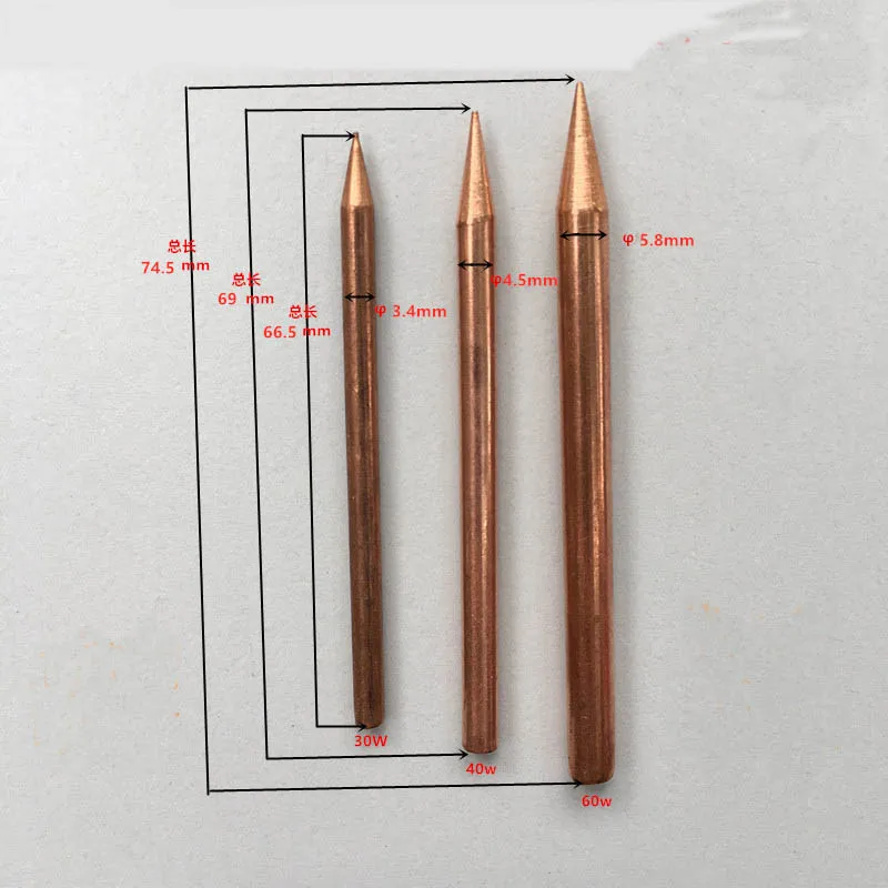 Pure copper soldering iron tip, extra pointed, externally heated electric soldering iron tip 30, 40, 60W, non magnetic
Pure copper soldering iron tip, extra pointed, externally heated electric soldering iron tip 30, 40, 60W, non magnetic