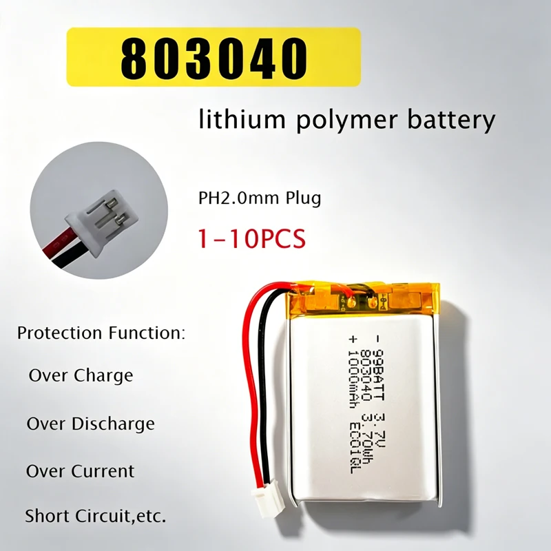 803040 3.7V Lithium Polymer Battery 1000mAh Li-Po Rechargeable Batteries for Bluetooth Speaker GPS DVD Toys Power Bank LED Light
803040 3.7V Lithium Polymer Battery 1000mAh Li-Po Rechargeable Batteries for Bluetooth Speaker GPS DVD Toys Power Bank LED Light
