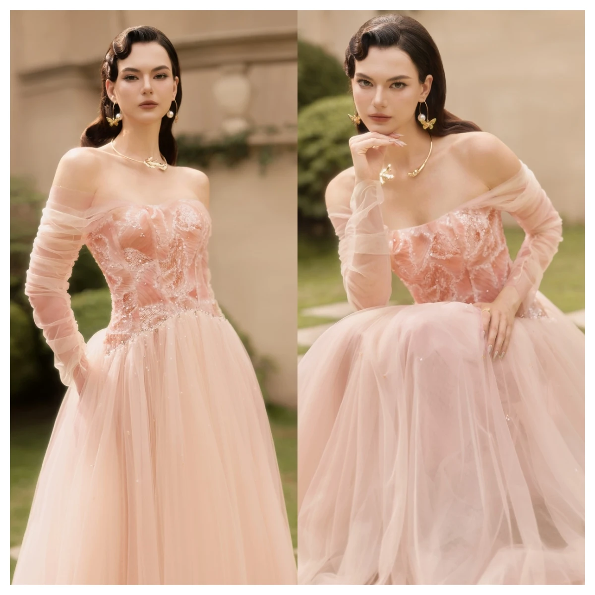 Customized Exquisite Pink Tulle Evening Dress Boat Neck Off the Shoulder Long Sleeves Vestido De Festa Bridal Party Appliques
Customized Exquisite Pink Tulle Evening Dress Boat Neck Off the Shoulder Long Sleeves Vestido De Festa Bridal Party Appliques
