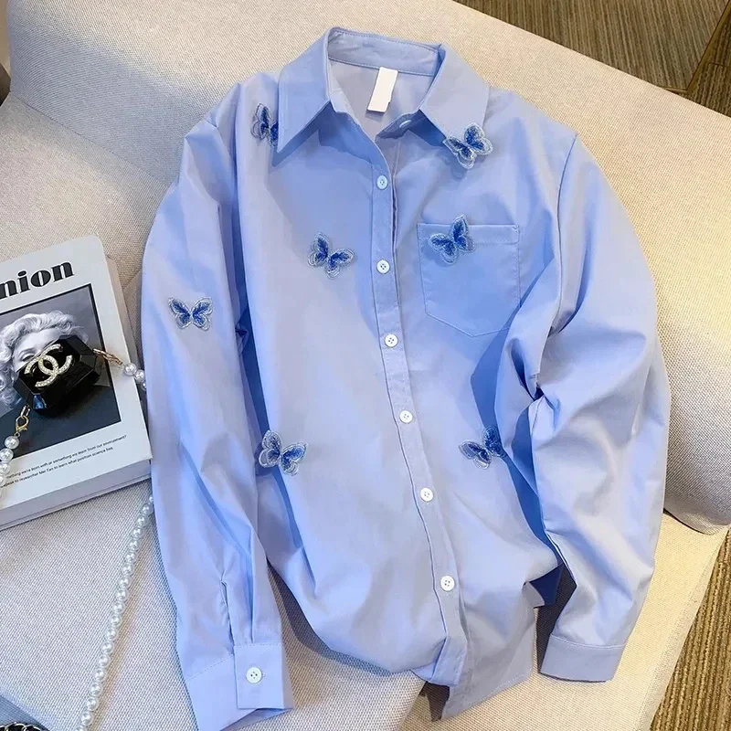 Korean 3D Bufferfly Retro Shirts Women Loose Casual Blue blouse women Long Sleeve Sweet Female Design Elegant Spring Tops
Korean 3D Bufferfly Retro Shirts Women Loose Casual Blue blouse women Long Sleeve Sweet Female Design Elegant Spring Tops