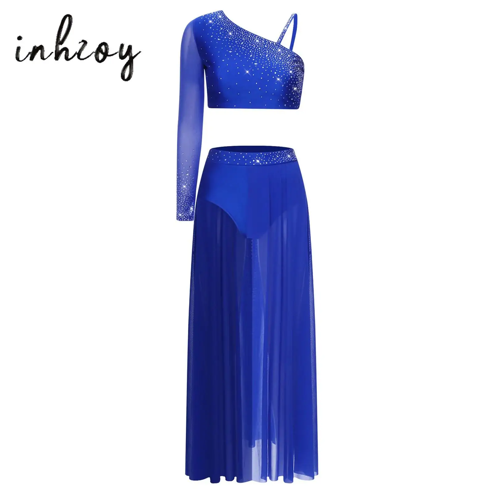 Womens Lyrical Dance Costume Shiny Rhinestone Asymmetrical Crop Top+Slit Mesh Hem Skirt 2-piece Outfit Contemporary Dancewear
Womens Lyrical Dance Costume Shiny Rhinestone Asymmetrical Crop Top+Slit Mesh Hem Skirt 2-piece Outfit Contemporary Dancewear